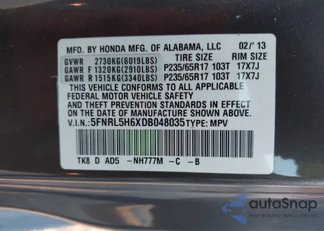 2013 Honda Odyssey Ex-L из США, поврежденный, VIN 5FNRL5H6XDB048035